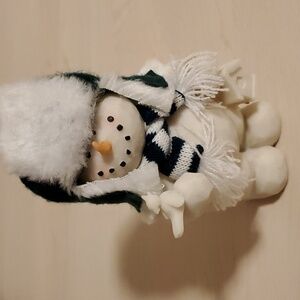 White Snowman Ceramic Figure Listens to Singing Bird